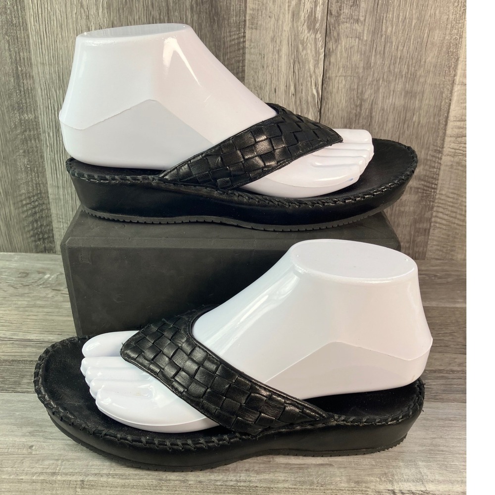 Robert Zur Black Woven Leather Thong Wedge Sandals Womens 6 M 2315
